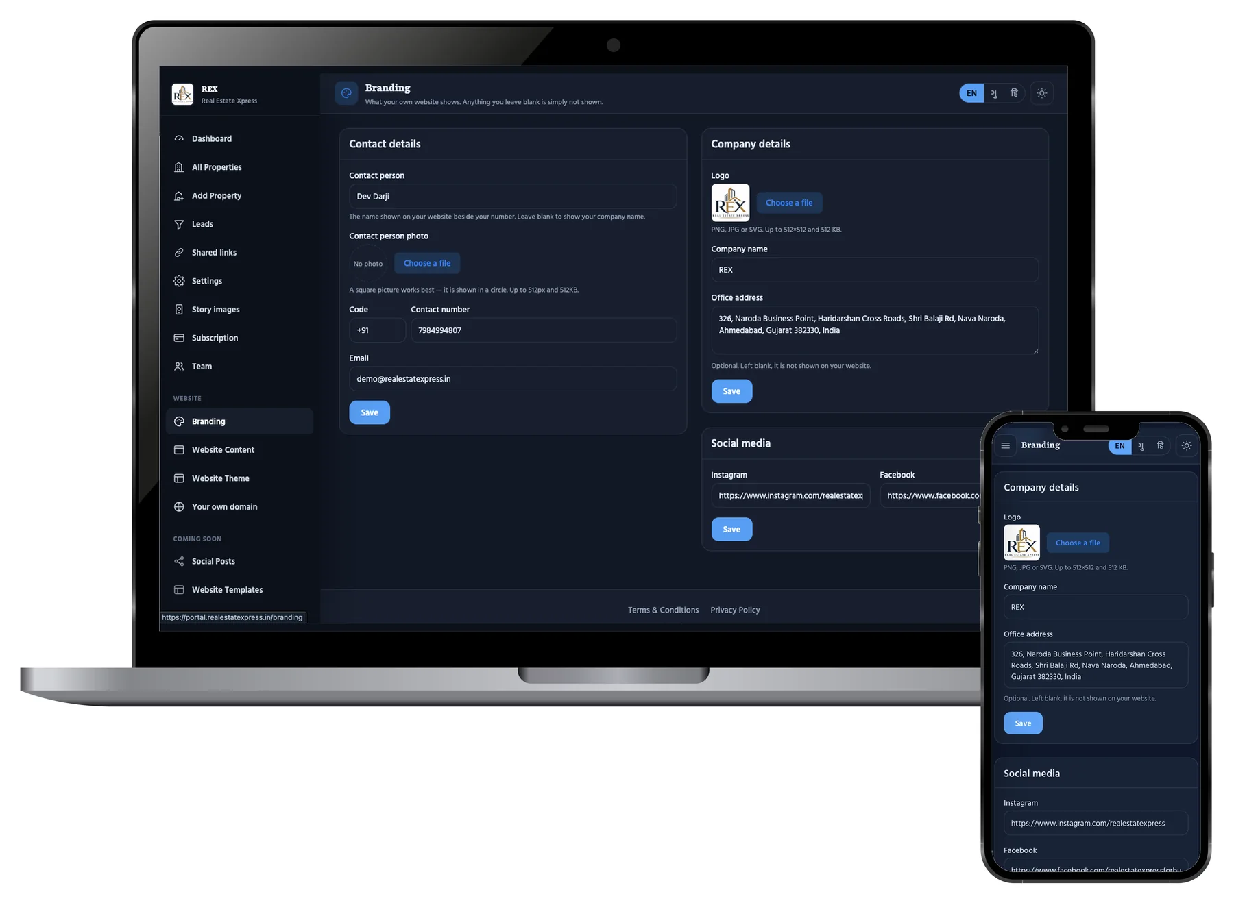 The Branding screen showing company details with the uploaded logo, company name and office address, and below it the social media fields for Instagram and Facebook.