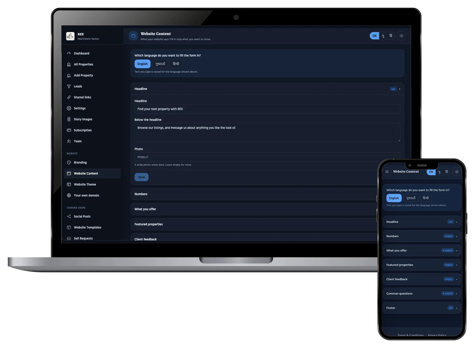 The Website Content screen: a language choice for the form, then Headline, Numbers, What you offer, Featured properties, Client feedback, Common questions and Footer, each showing whether it is set or empty.