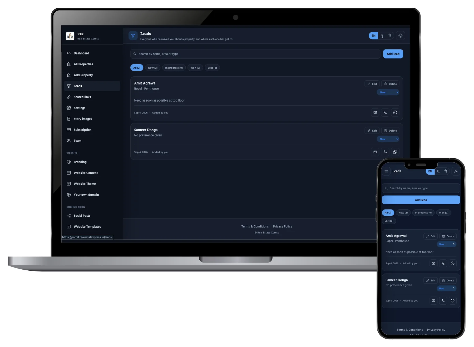 The Leads screen with a search box, an Add lead button, filters for All, New, In progress, Won and Lost, and two lead cards each showing a stage and email, call and WhatsApp buttons.