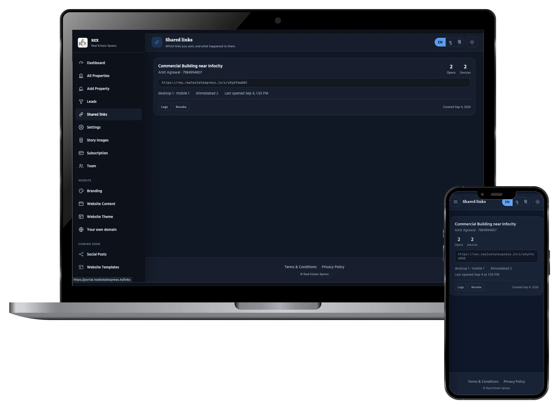 The Shared links screen showing a tracked link with 2 opens from 2 devices, the link itself, desktop and mobile counts, the city it was opened from, when it was last opened, and Logs and Revoke buttons.