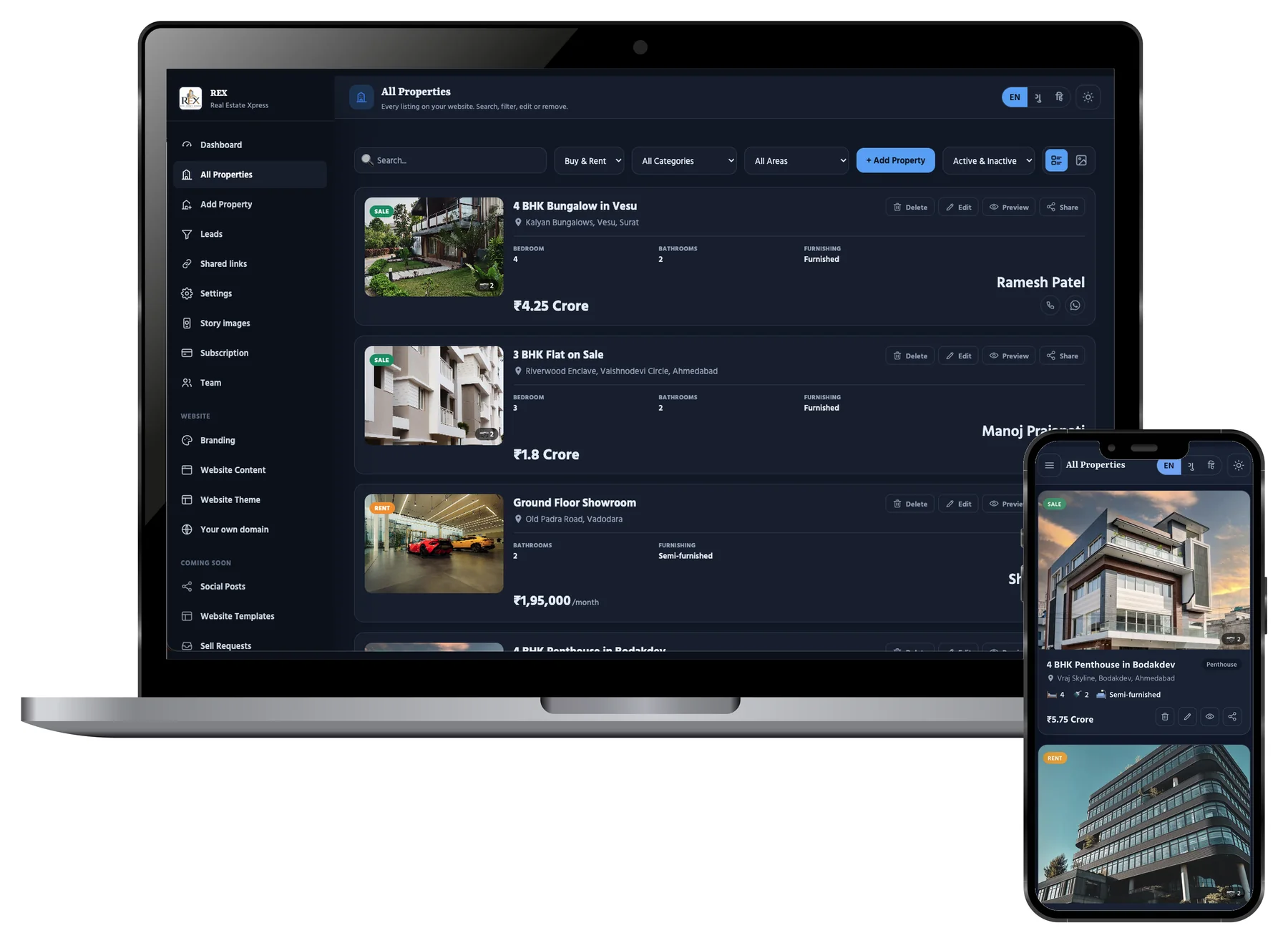 The All Properties screen on a laptop and a phone: a search box, filters for buy or rent, category, area and active status, and listing rows each showing the photo, the price, bedrooms, bathrooms, furnishing, the contact person, and Delete, Edit, Preview and Share buttons.