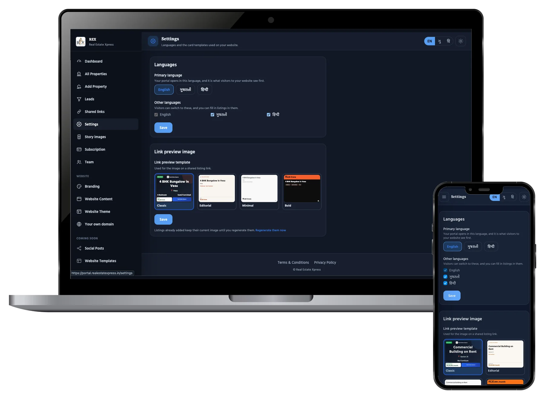 The Settings screen with a primary language choice of English, Gujarati or Hindi, checkboxes for the other languages, and a link preview template picker showing the Classic and Editorial designs.
