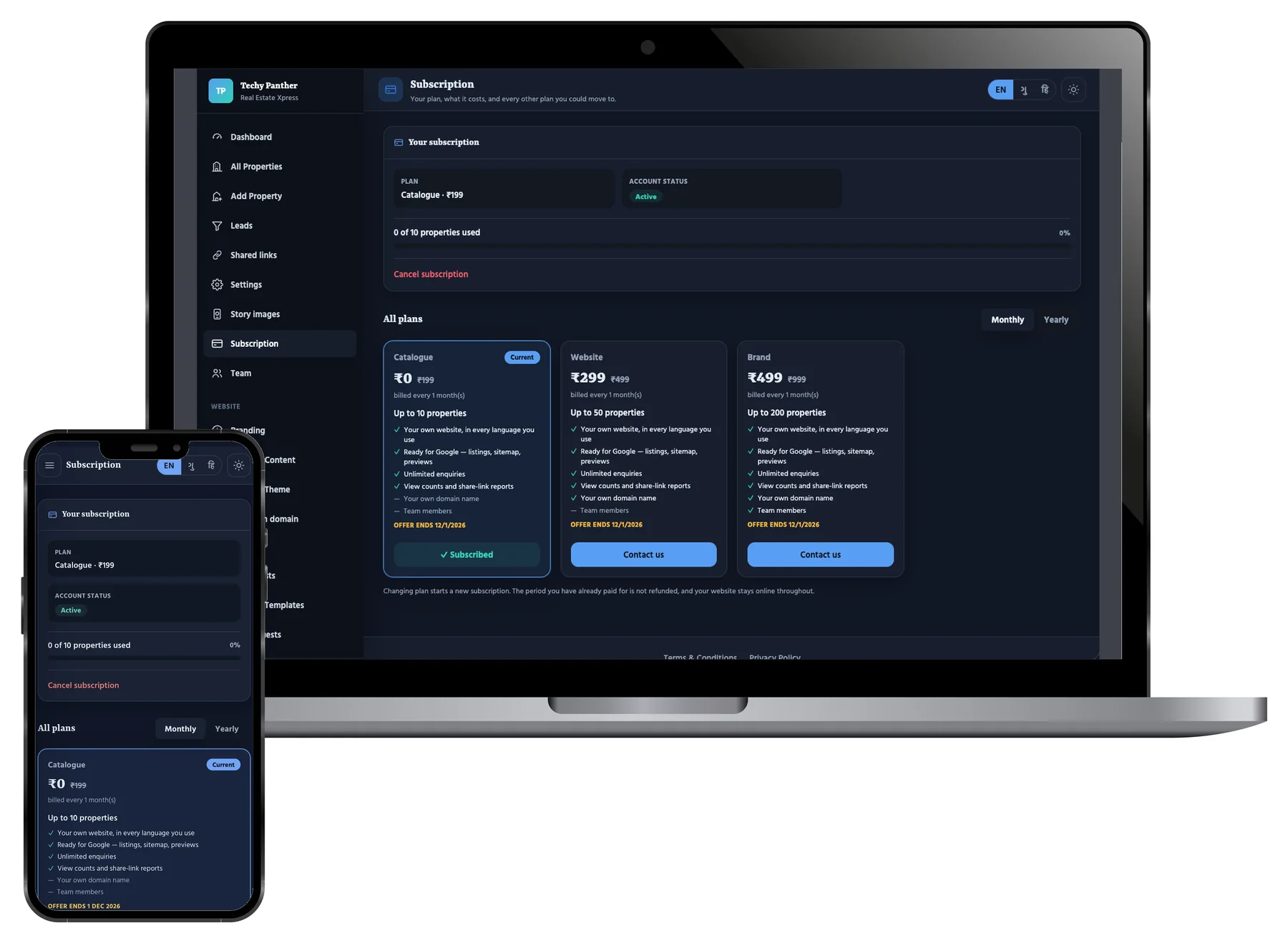 The Subscription screen on a laptop and a phone: the current package and its price, account status, how many of the allowed properties are used, and the Catalogue, Website and Brand packages with their launch prices and what each one includes.