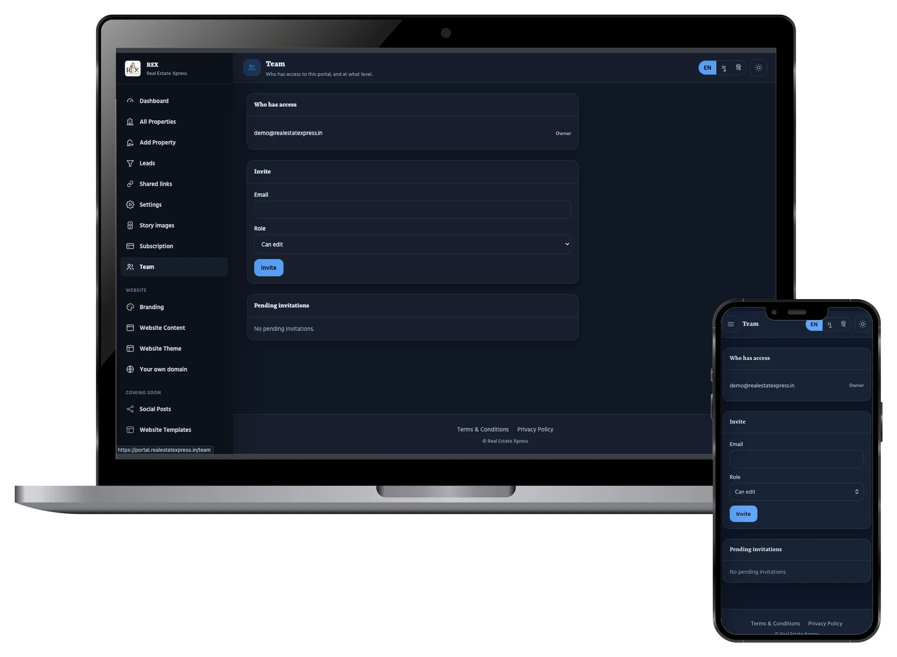 The Team screen showing who has access with the owner’s email address, an invite form with an email field and a role of Can edit, and a pending invitations list.