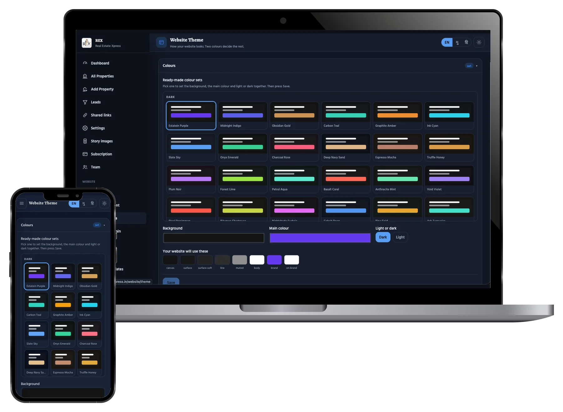 The Website Theme screen showing ready-made dark colour sets named Estatein Purple, Midnight Indigo, Obsidian Gold, Carbon Teal, Graphite Amber, Ink Cyan, Slate Sky, Onyx Emerald, Charcoal Rose, Espresso Mocha and Truffle Honey.